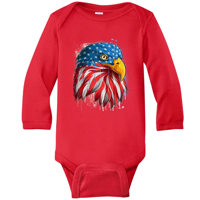 Paint Splatter USA American Flag Eagle Head Baby Long Sleeve Bodysuit