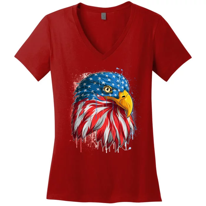 Paint Splatter USA American Flag Eagle Head Women's V-Neck T-Shirt