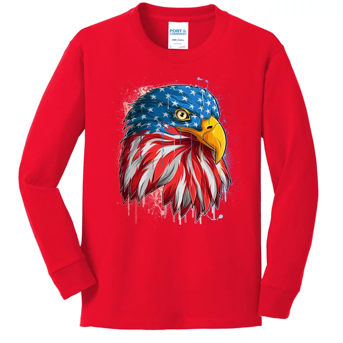 Paint Splatter USA American Flag Eagle Head Kids Long Sleeve Shirt