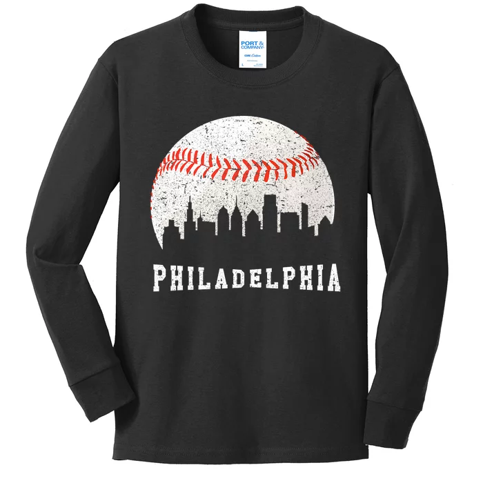 Philly skyline - Vintage Philadelphia Baseball Fans Kids Long Sleeve Shirt