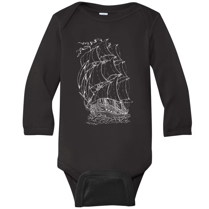 Pirate Ship Vintage Retro Nautical Sailing Boat Captain Baby Long Sleeve Bodysuit