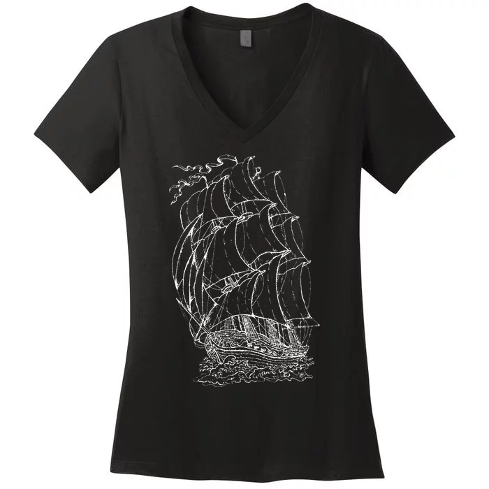 Pirate Ship Vintage Retro Nautical Sailing Boat Captain Women's V-Neck T-Shirt