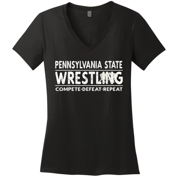 Pennsylvania State Wrestling Compete, Defeat, Repeat Women's V-Neck T-Shirt