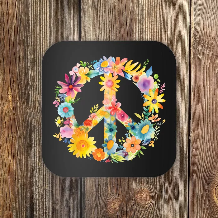 Peace Sign World Love Flowers Hippie Groovy Vibes Colorful Coaster