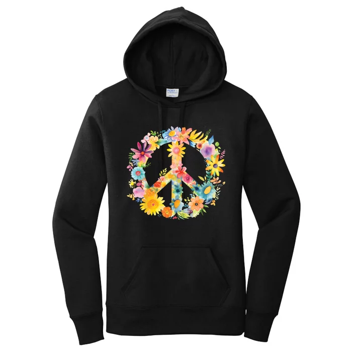 Peace Sign World Love Flowers Hippie Groovy Vibes Colorful Women's Pullover Hoodie