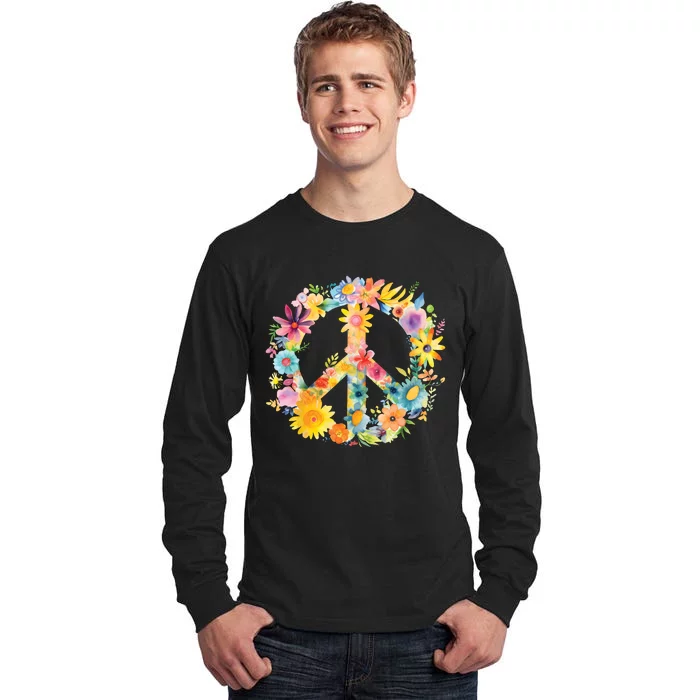 Peace Sign World Love Flowers Hippie Groovy Vibes Colorful Tall Long Sleeve T-Shirt