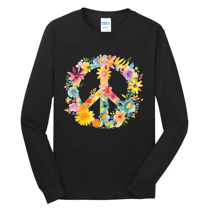 Peace Sign World Love Flowers Hippie Groovy Vibes Colorful Tall Long Sleeve T-Shirt