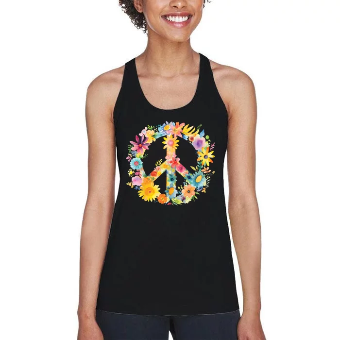 Peace Sign World Love Flowers Hippie Groovy Vibes Colorful Women's Racerback Tank