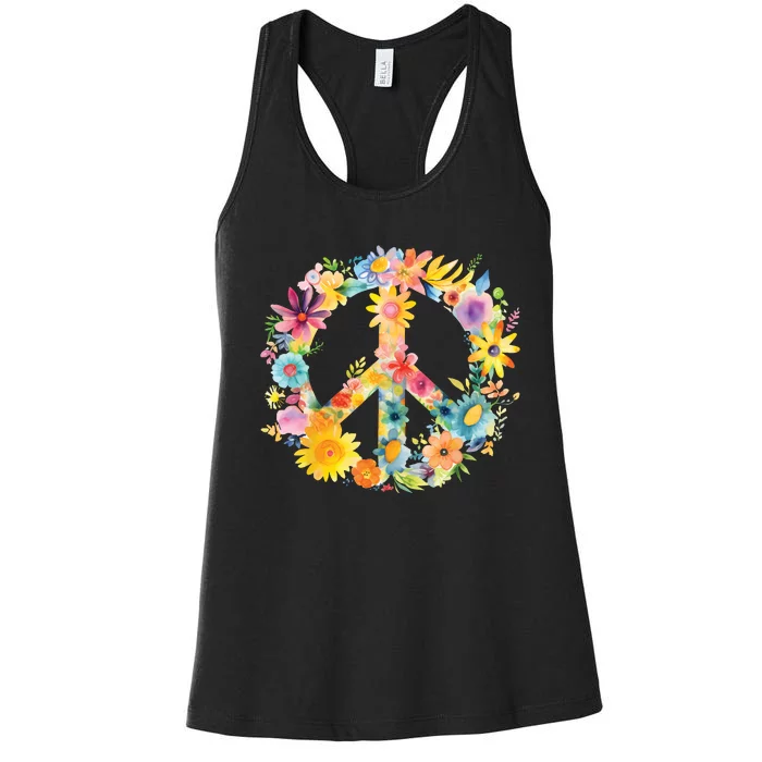 Peace Sign World Love Flowers Hippie Groovy Vibes Colorful Women's Racerback Tank