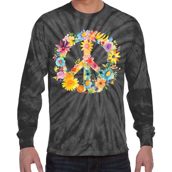 Peace Sign World Love Flowers Hippie Groovy Vibes Colorful Tie-Dye Long Sleeve Shirt