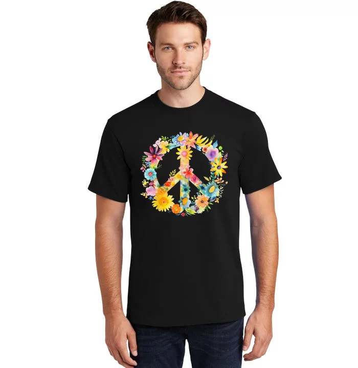 Peace Sign World Love Flowers Hippie Groovy Tall T-Shirt