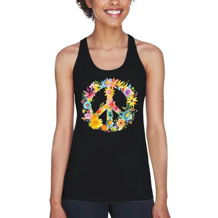 Peace Sign World Love Flowers Hippie Groovy Women's Racerback Tank