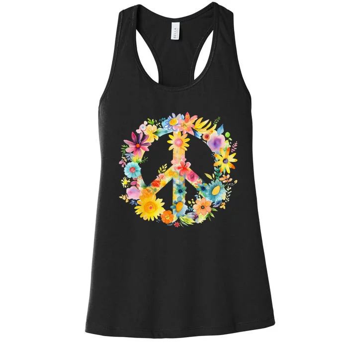 Peace Sign World Love Flowers Hippie Groovy Women's Racerback Tank