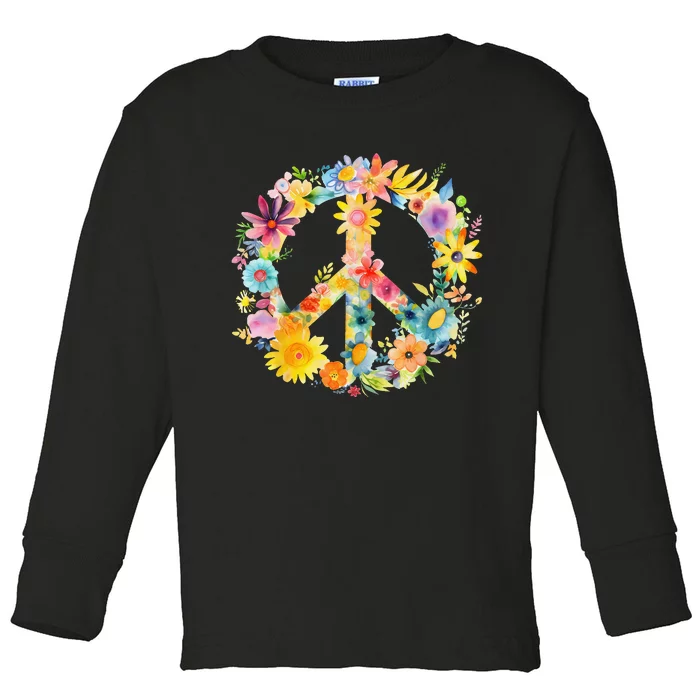 Peace Sign World Love Flowers Hippie Groovy Toddler Long Sleeve Shirt