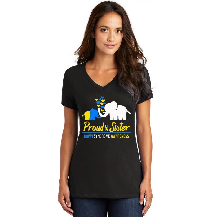 Proud Sister World Down Syndrome Awareness Day Elephant T21 Women's V-Neck T-Shirt