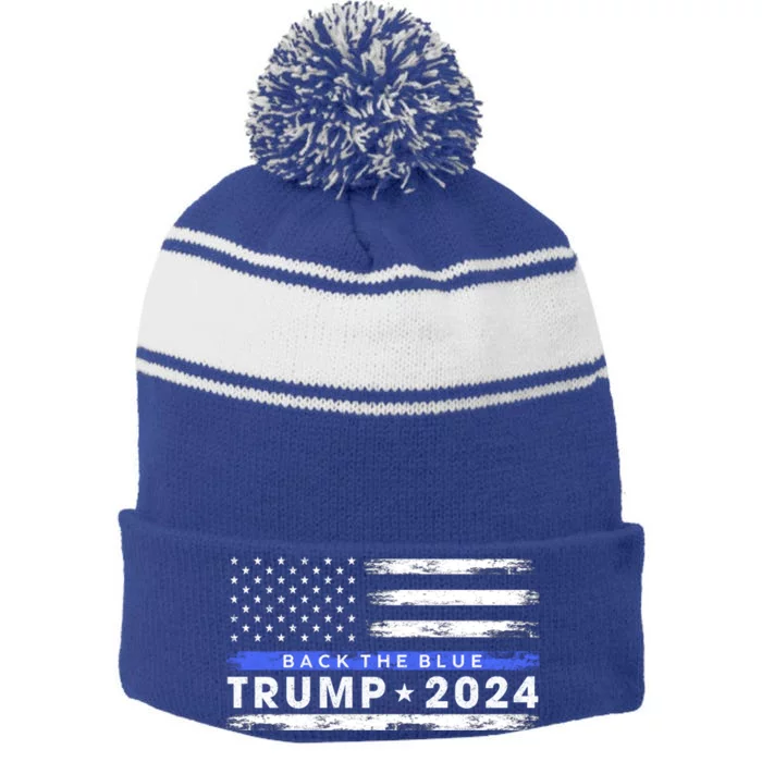 Pro Trump 2024 Back The Blue Thin Blue Line American Flag Gift Stripe Pom Pom Beanie