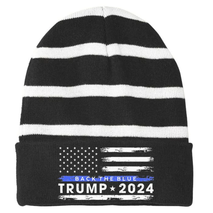 Pro Trump 2024 Back The Blue Thin Blue Line American Flag Striped Beanie with Solid Band