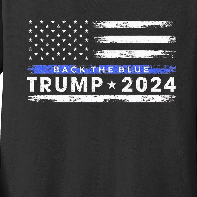 Pro Trump 2024 Back The Blue Thin Blue Line American Flag Kids Long Sleeve Shirt