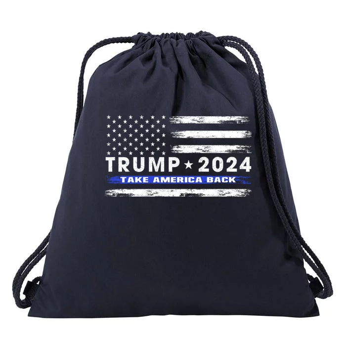 Pro Trump 2024 Blue Line American Flag Take American Back Drawstring Bag