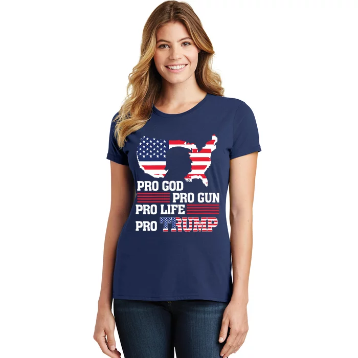 Pro Trump 2024 American Flag Prolife Progod Progun Vneck Women's T-Shirt