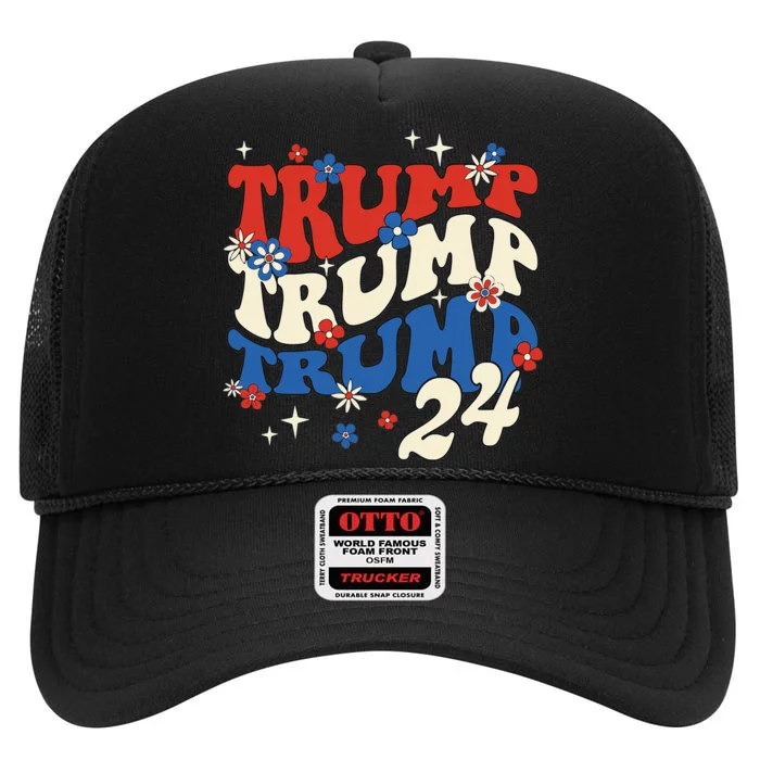 President Trump 24 2024 Groovy Retro High Crown Mesh Trucker Hat