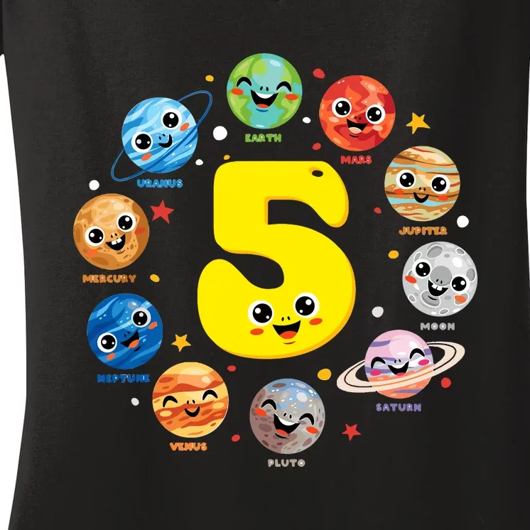 Planets Three 5 Years Old 5th Birthday Boy And Girl Women's V-Neck T-Shirt