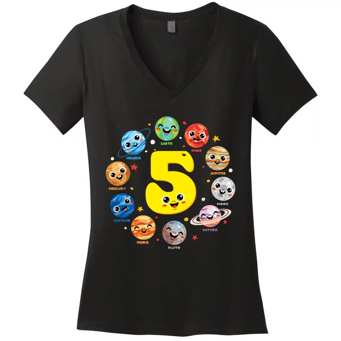 Planets Three 5 Years Old 5th Birthday Boy And Girl Women's V-Neck T-Shirt