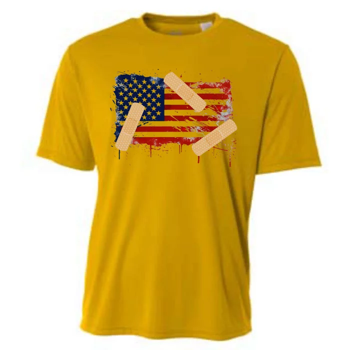 Patriotic Tattered American Flag With Bandages. Cooling Performance Crew T-Shirt