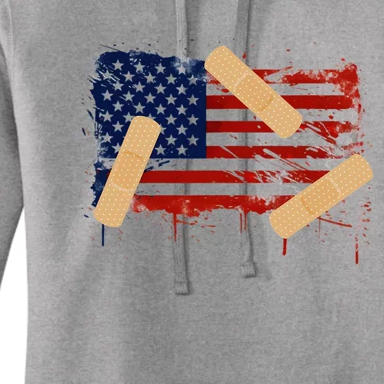 Patriotic Tattered American Flag With Bandages. Women's Pullover Hoodie