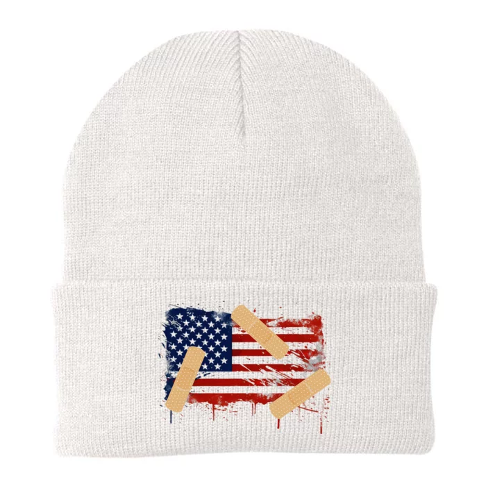 Patriotic Tattered American Flag With Bandages. Knit Cap Winter Beanie