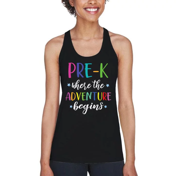 Pre-K Teacher Adventure Begins First Day Preschool Teachers Women's Racerback Tank