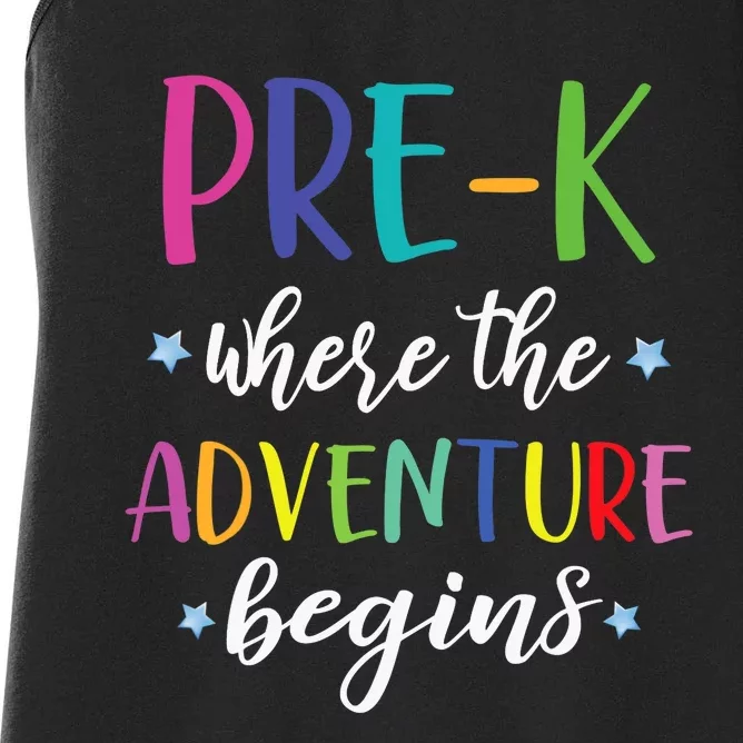 Pre-K Teacher Adventure Begins First Day Preschool Teachers Women's Racerback Tank