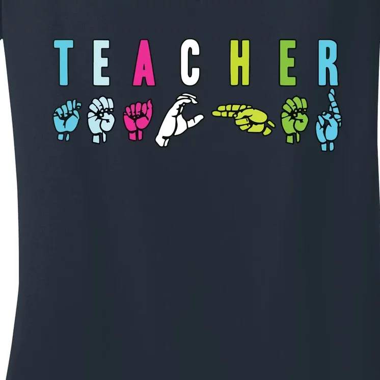 Proud Teacher ASL Sign Language Gestures Women's V-Neck T-Shirt