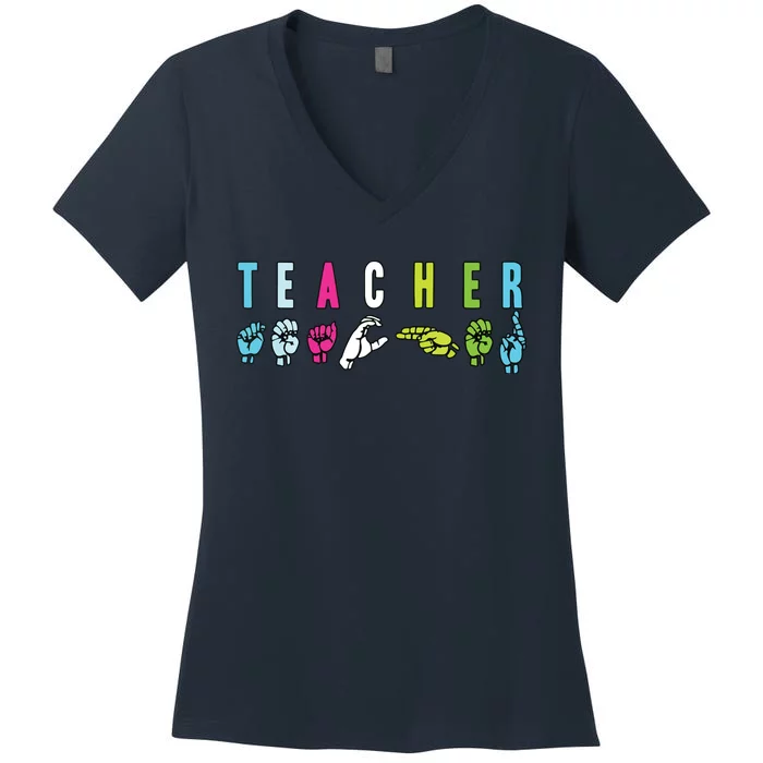 Proud Teacher ASL Sign Language Gestures Women's V-Neck T-Shirt