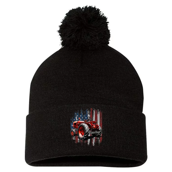 Patriotic Tractor American Flag Tractor Farmer Farm Gift Pom Pom 12in Knit Beanie