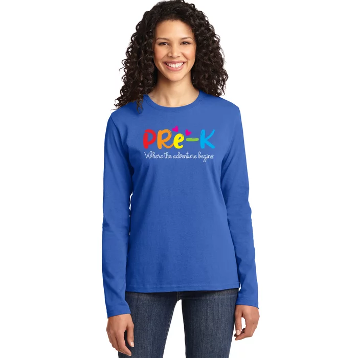 PreK Teacher Adventure Begins Teacher Preschool Cute Gift Ladies Long Sleeve Shirt