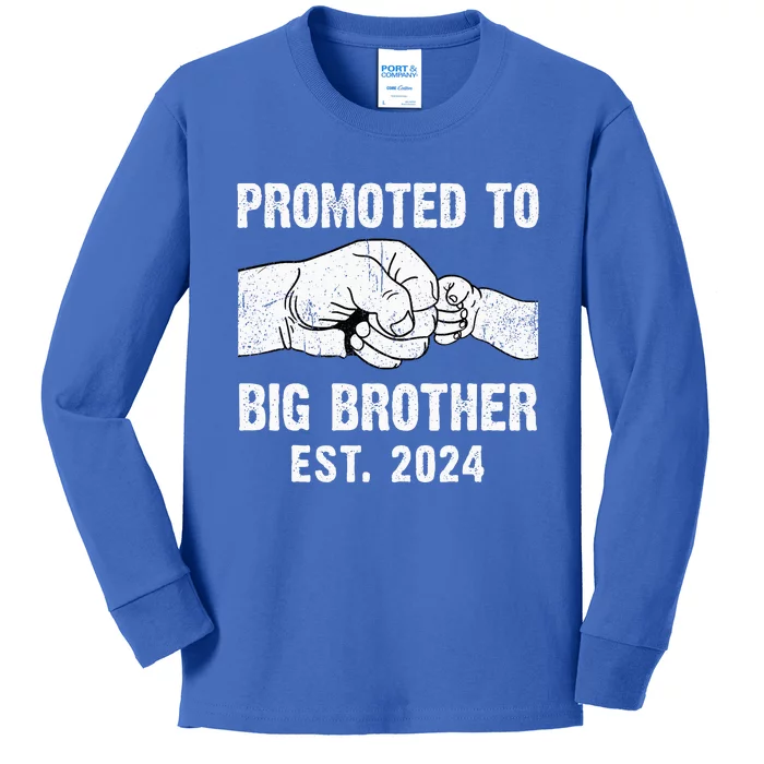 Promoted To Big Brother Est. 2024 New Big Brother Fist Bump Kids Long Sleeve Shirt