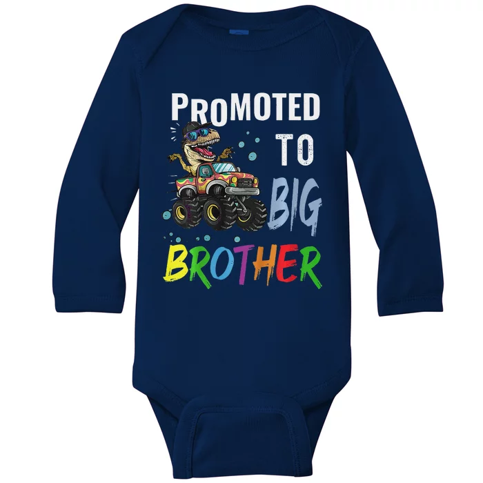 Promoted To Big Brother Dinosaur Riding Monster Truck Baby Long Sleeve Bodysuit