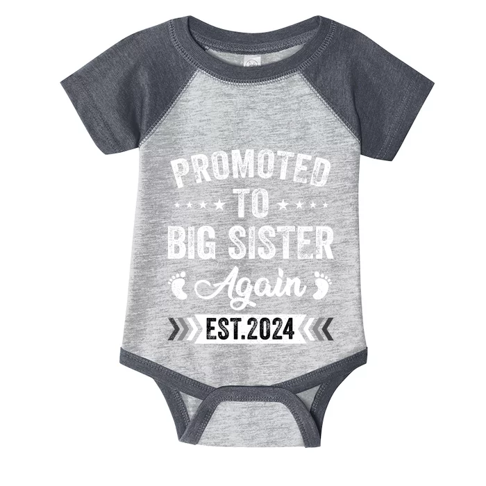 Promoted To Big Sister Again Est 2024 Announcement Infant Baby Jersey Bodysuit