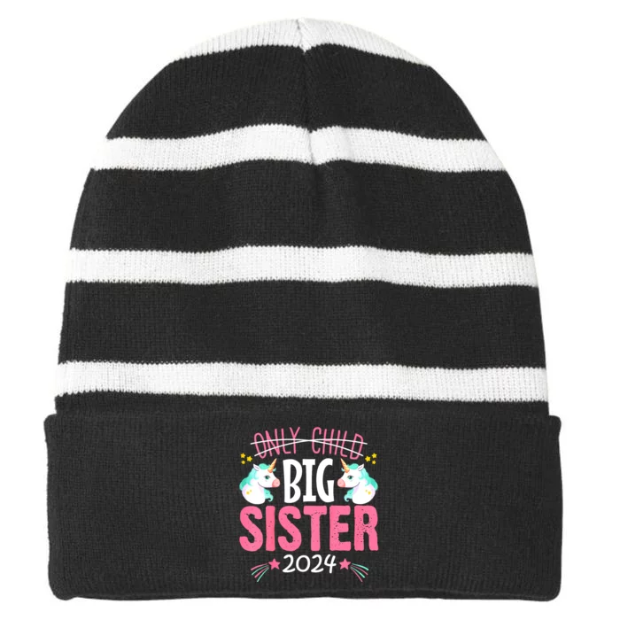 Promoted To Big Sister Est 2024 Unicorn Striped Beanie with Solid Band