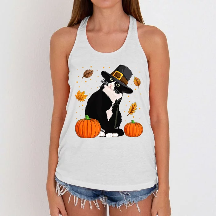 Pilgrim Turkey Cat Thanksgiving Cat Lovers Women's Knotted Racerback Tank