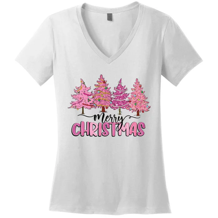 Pink Tree Christmas Women's V-Neck T-Shirt