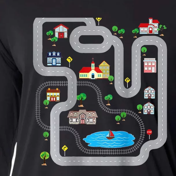 Playmat Train Car Race Track Printed On Back Road Funny Kids Cooling Performance Long Sleeve Crew