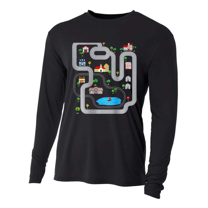 Playmat Train Car Race Track Printed On Back Road Funny Kids Cooling Performance Long Sleeve Crew