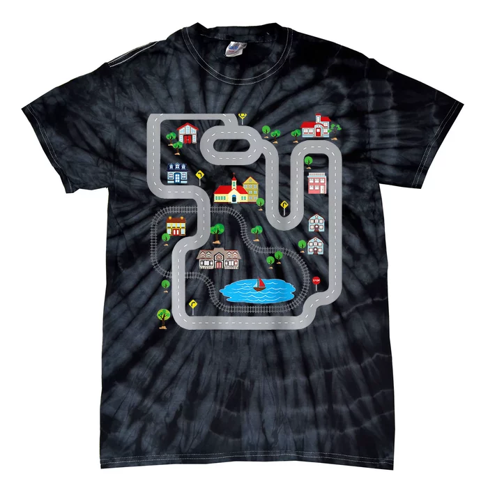 Playmat Train Car Race Track Printed On Back Road Funny Kids Tie-Dye T-Shirt