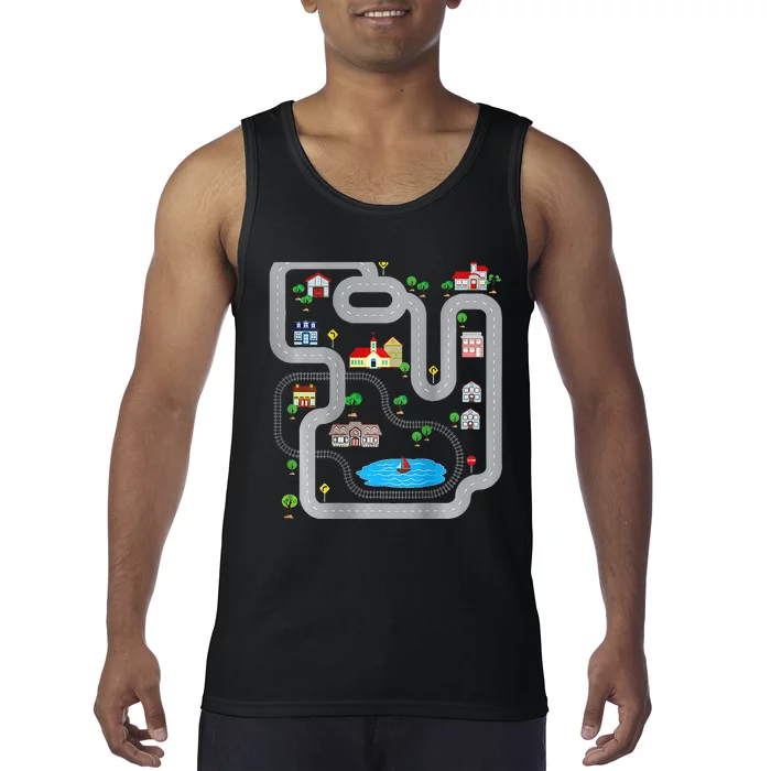 Playmat Train Car Race Track Printed On Back Road Funny Kids Tank Top