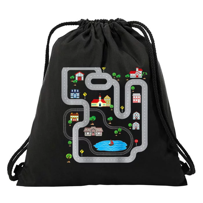 Playmat Train Car Race Track Printed On Back Road Funny Kids Drawstring Bag