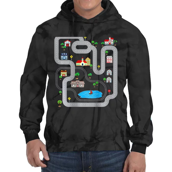 Playmat Train Car Race Track Printed On Back Road Funny Kids Tie Dye Hoodie