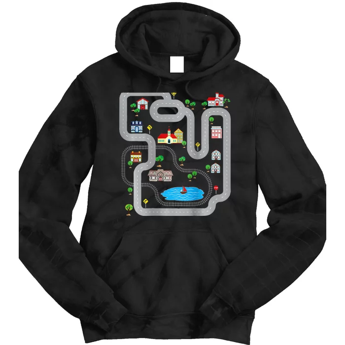 Playmat Train Car Race Track Printed On Back Road Funny Kids Tie Dye Hoodie