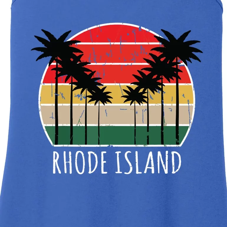 Palm Tree Distressed Rhode Island Beach Sunset Design Ladies Essential Tank